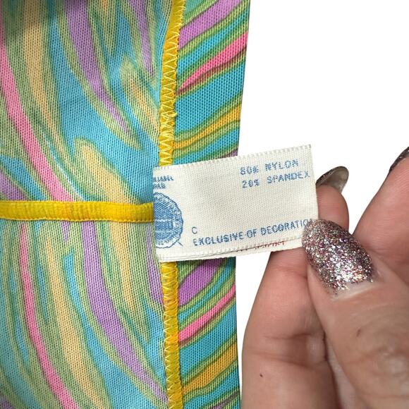 Vintage 70s Shape-Tites Teal Yellow Pink Swirl Footed Tights size S NEW Tags - Picture 6 of 10